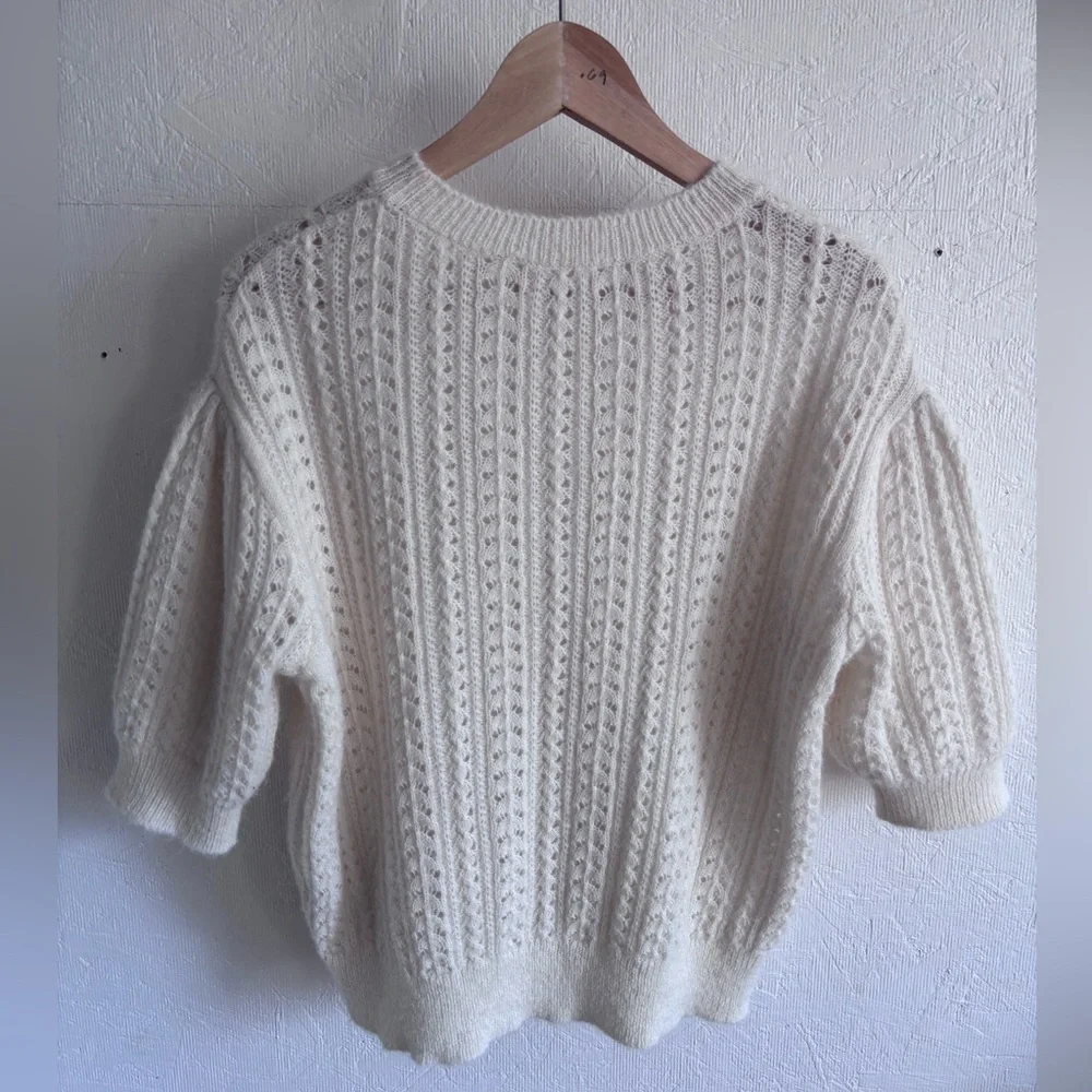OAK + FORT Textured Cream Knit Woven Puff Sleeve Boho Oversized Sweater Top - Picture 7 of 9